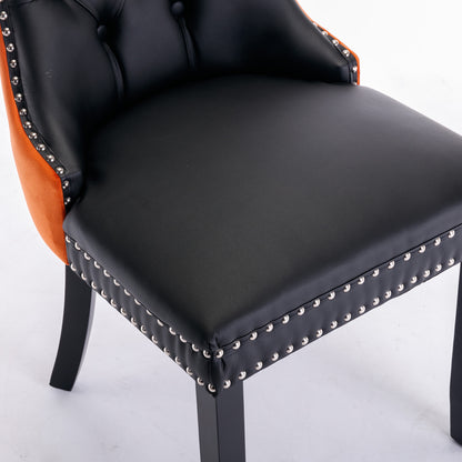Modern Tufted Wood Dining Chair Set with PU Leather and Velvet Upholstery, Wood Legs, 2-Pcs Black/Orange