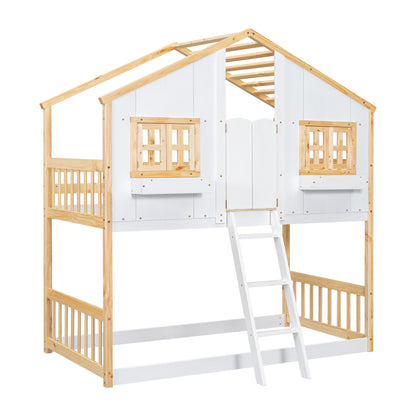 Twin House Bunk Bed for Kids with Roof, Windows, and Safety Features - Natural/White Finish