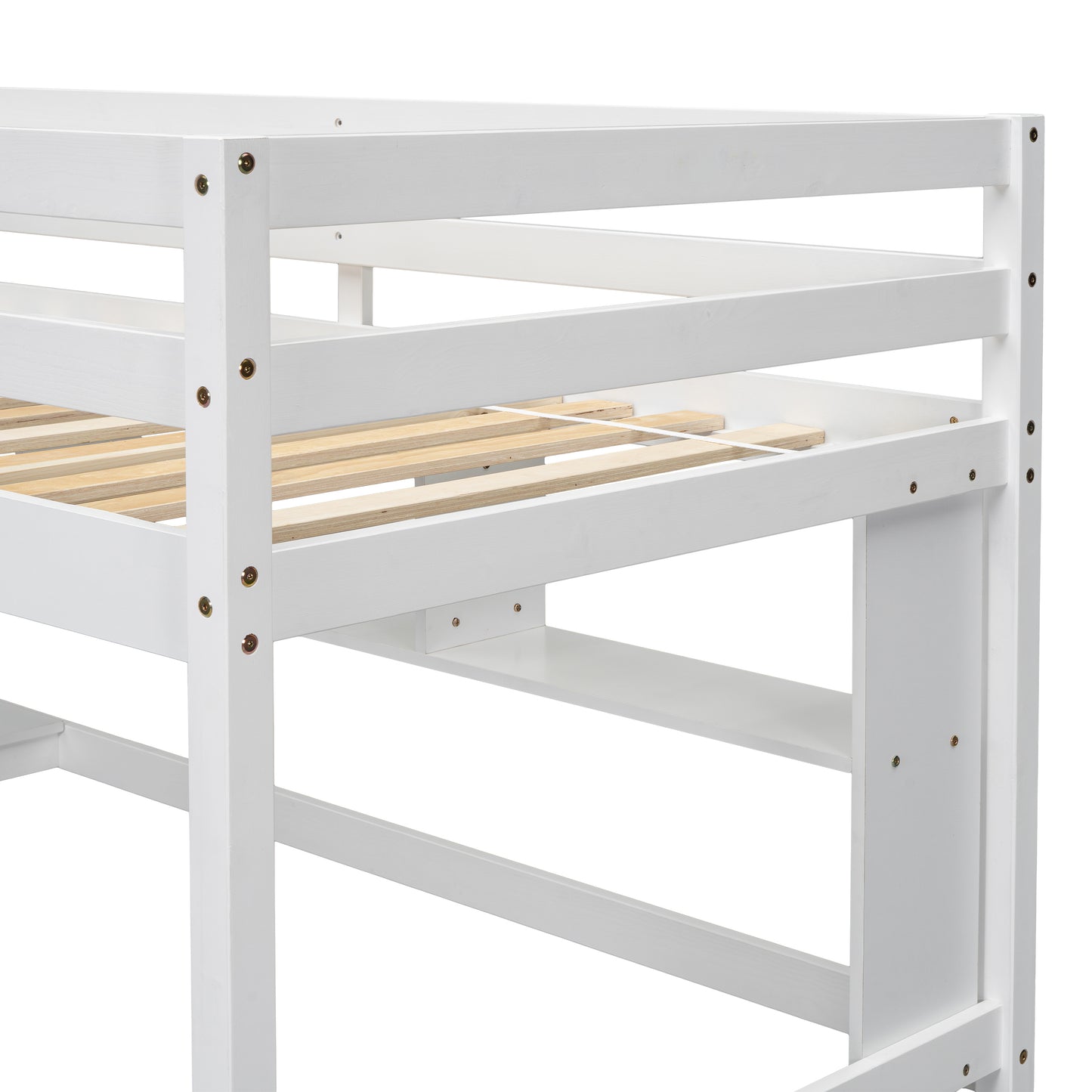 Twin Loft Bed with Integrated Desk and Shelves, Safety Guardrails, and Ladder in White