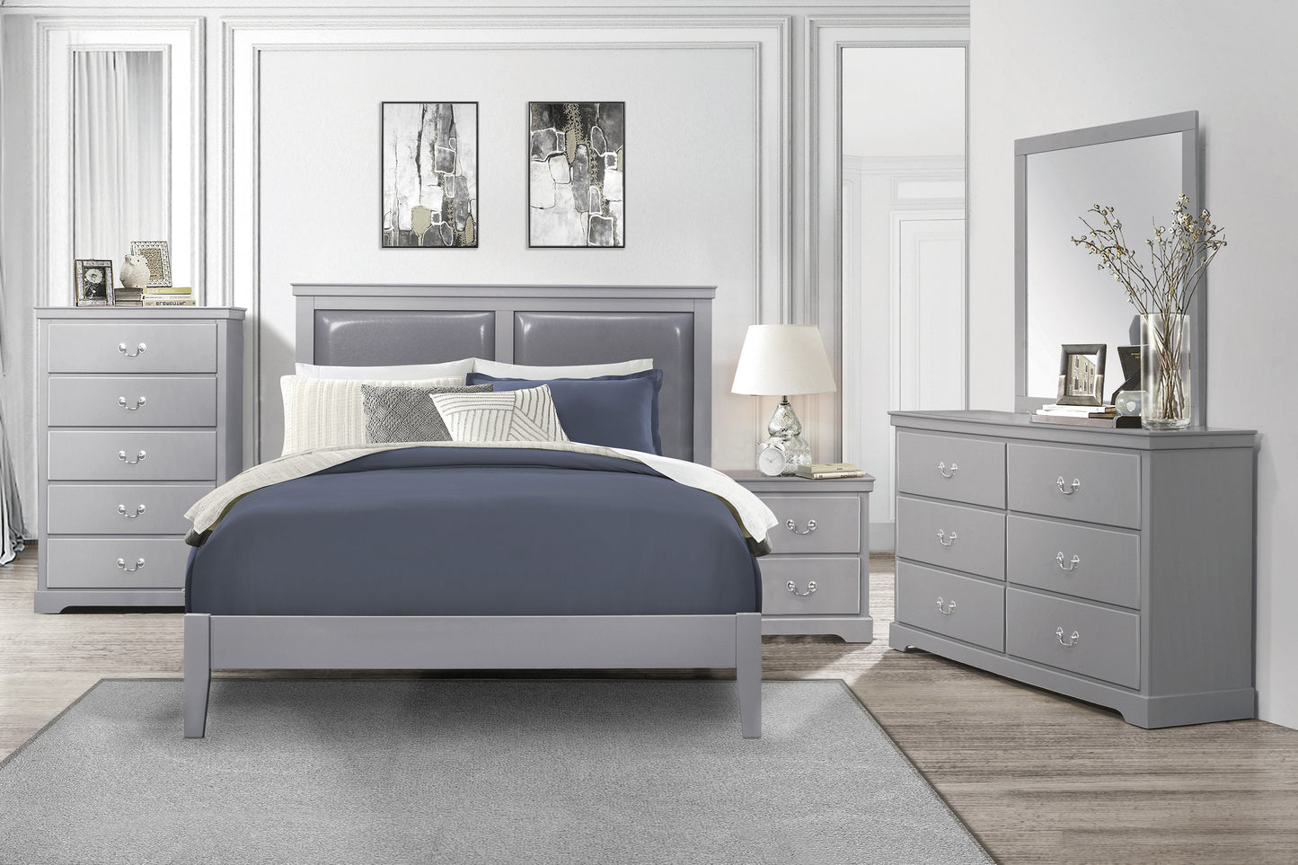 Elegant Gray Upholstered Queen Size Panel Bed with Wooden Frame – Stylish Bedroom Furniture Set