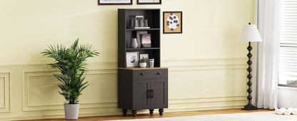 Elegant Black Farmhouse Storage Cabinet with Adjustable Shelves and Gourd-Shaped Legs, Versatile Kitchen Pantry and Bookshelf Solution