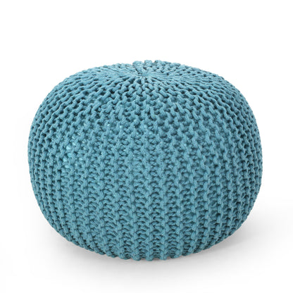 Modern Round Pouf with Knit-Weave Cotton Cover, 20x20x14 in, Living Room Floor Seating, Easy-Care Aqua
