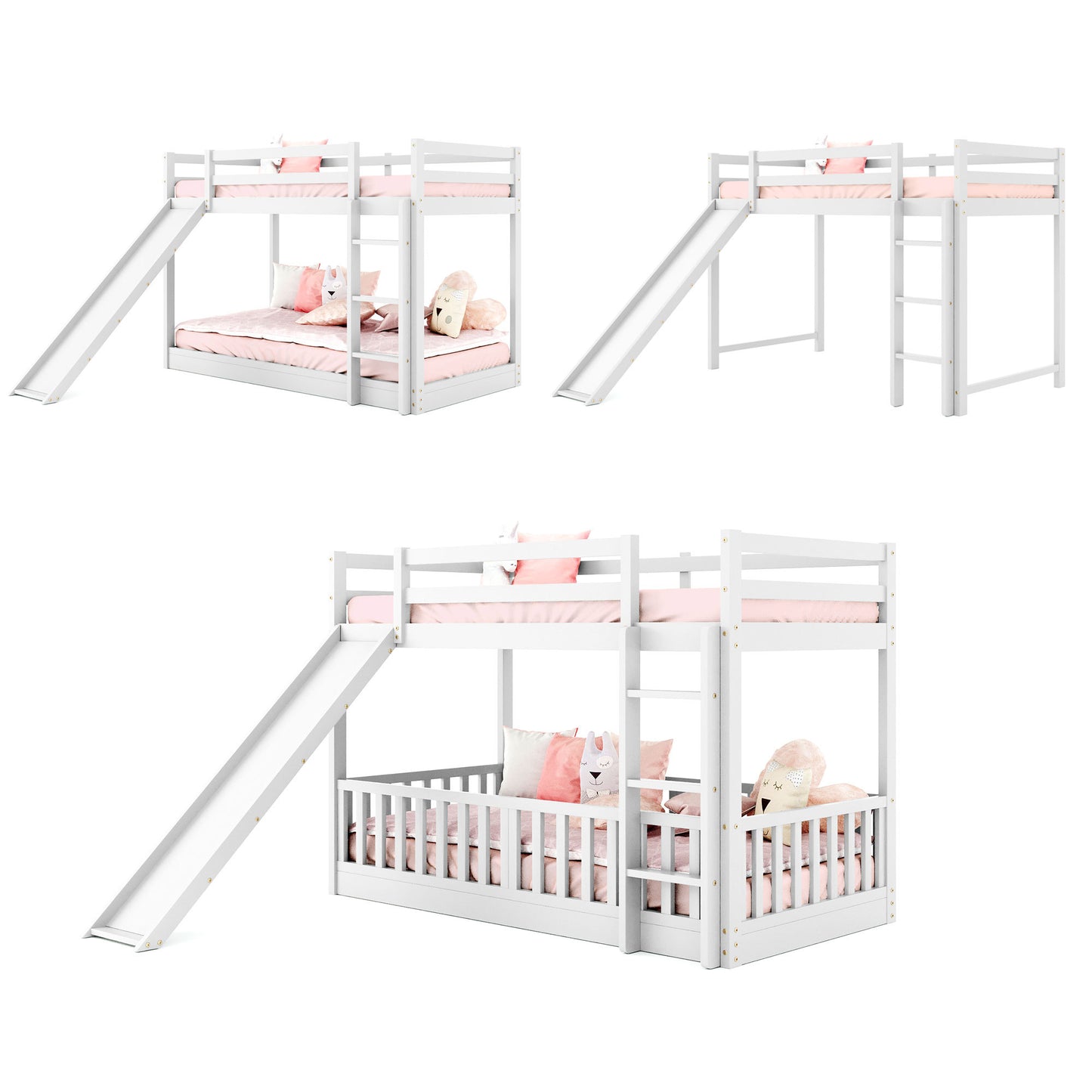 Stylish Twin Over Twin Bunk Bed with Fun Slide and Versatile Ladder in White