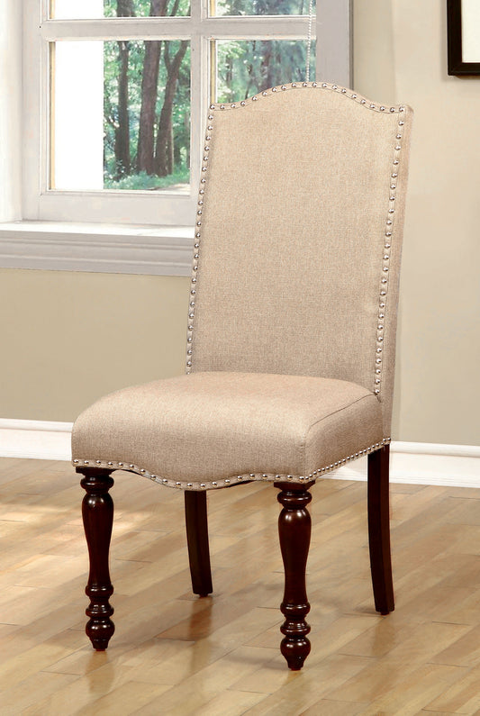 Set of 2 Contemporary Transitional Chairs, Padded Fabric, Solid Wood, Turned Legs, Beige + Antique Cherry