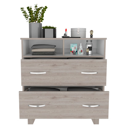 Portanova Modern Light Gray and White Dresser with Two Drawers and Open Shelves