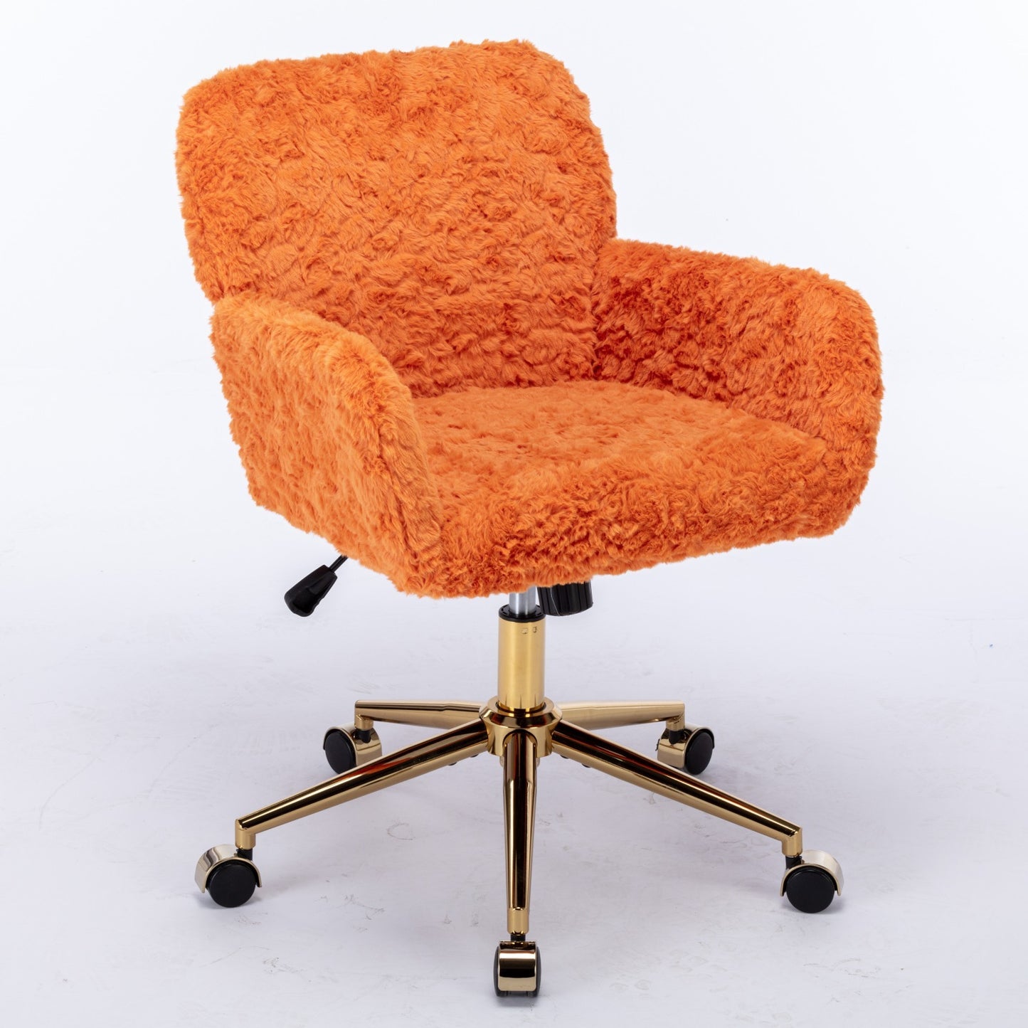 Orange Upholstered Home Office Chair with Golden Base - Adjustable Swivel Vanity Chair Featuring Artificial Rabbit Hair and Reclining Chassis
