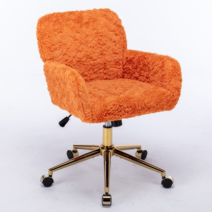 Orange Upholstered Home Office Chair with Golden Base - Adjustable Swivel Vanity Chair Featuring Artificial Rabbit Hair and Reclining Chassis
