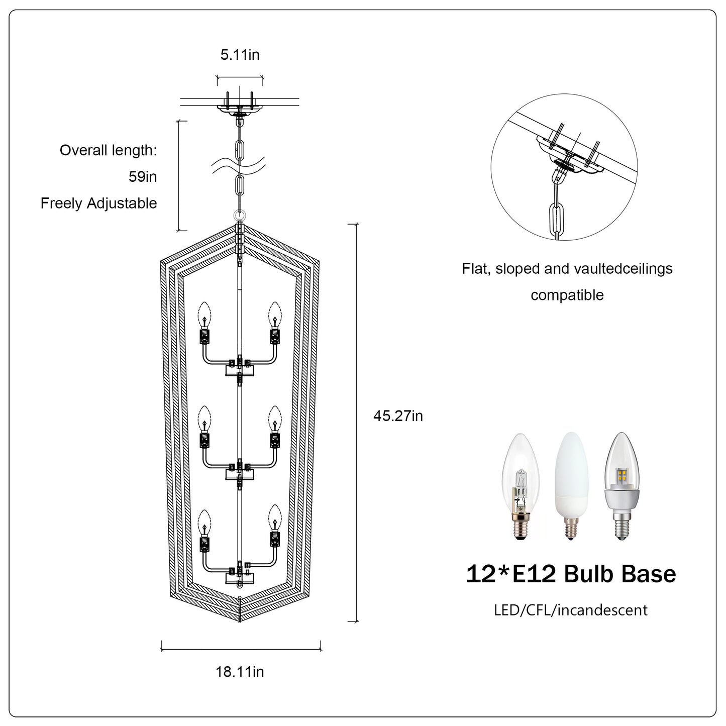 12-Light Lantern Farmhouse Pendant for Kitchen Island, Adjustable Height, E12 Socket – Matte Black