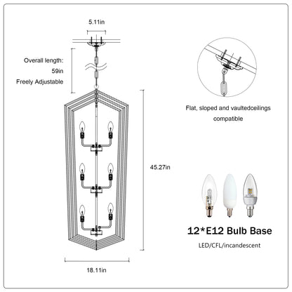 12-Light Lantern Farmhouse Pendant for Kitchen Island, Adjustable Height, E12 Socket – Matte Black