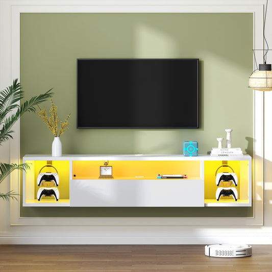 55-Inch TV Console with LED, Hidden Storage, 30kg Load, 4 Controller Hooks, 2 Headphone Hooks, White