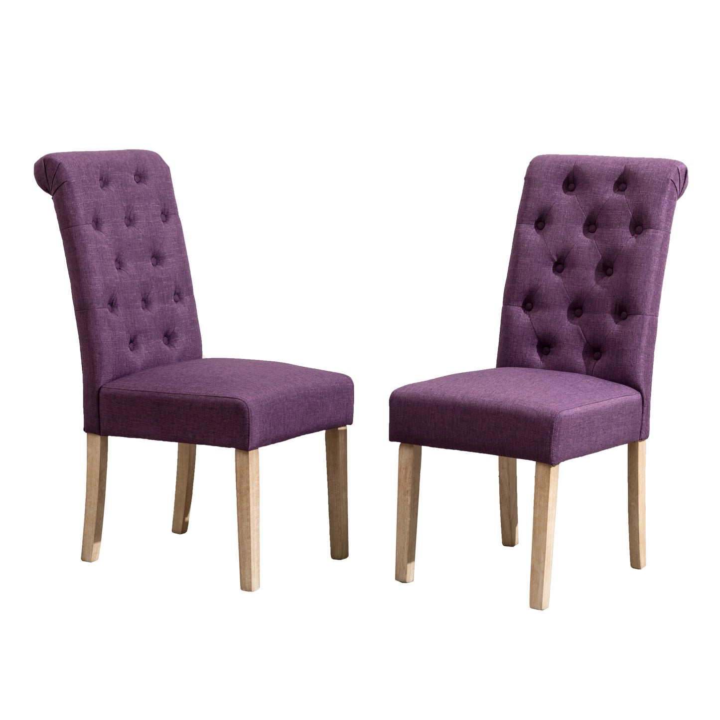 Solid Wood Tufted Parsons Dining Chair, Set of 2, 200 lb Capacity, Oak Finish, Polyester, Purple