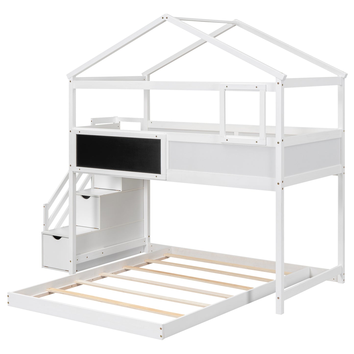 Whimsical Twin over Full House Bunk Bed with Storage Steps and Blackboard, White