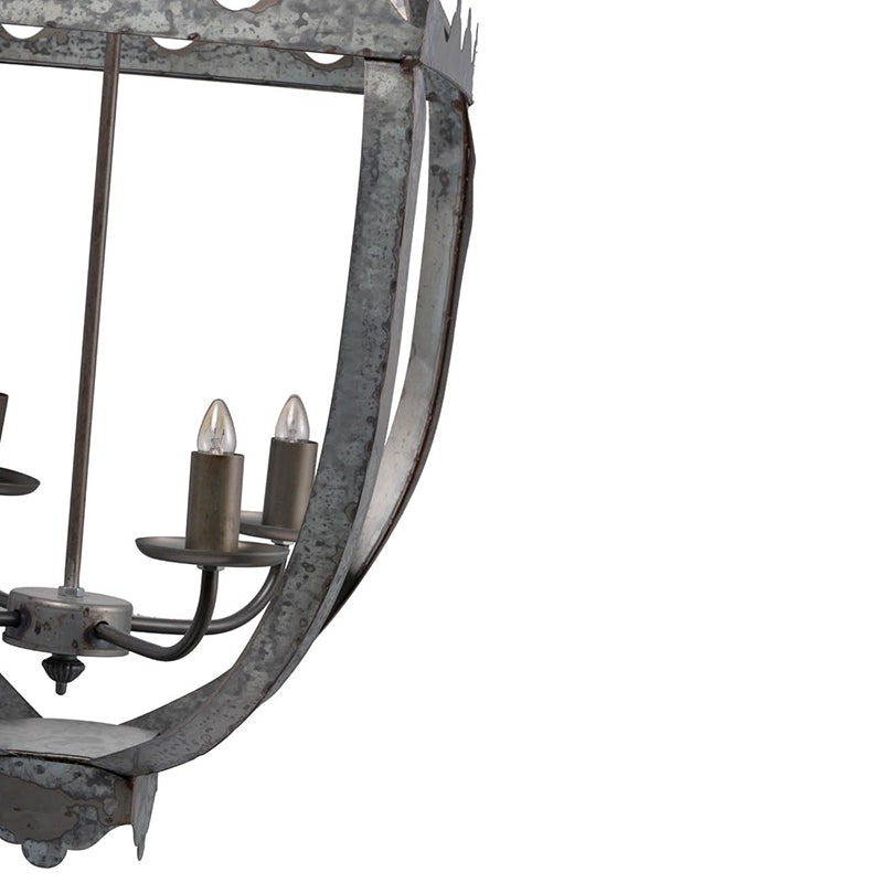 Four-Light Iron Chandelier with Adjustable Chain for Kitchen or Dining — 15.7in Square, Gray Rustic Finish