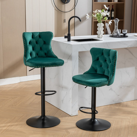 Set of 2 Adjustable Swivel Bar Stools with Tufted Velvet Upholstery and Foam Seat for Kitchen, Green