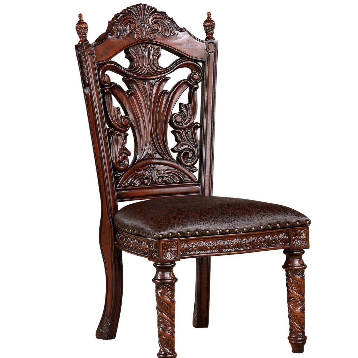 Traditional Dining Side Chair Set of 2, Solid Wood, Leatherette, Carved Back, Nailhead Trim Dark Brown