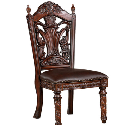 Traditional Dining Side Chair Set of 2, Solid Wood, Leatherette, Carved Back, Nailhead Trim Dark Brown