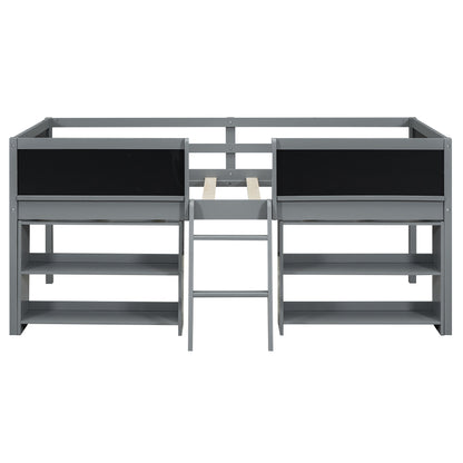 Twin Size Low Loft Bed with Creative Chalkboard Guardrails and Adjustable Storage Shelves, Gray