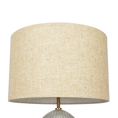 Ribbed Glass Table Lamp with Large Linen Shade, 17in Tall, 11.8in Base, Lighting Beige Clear Gold