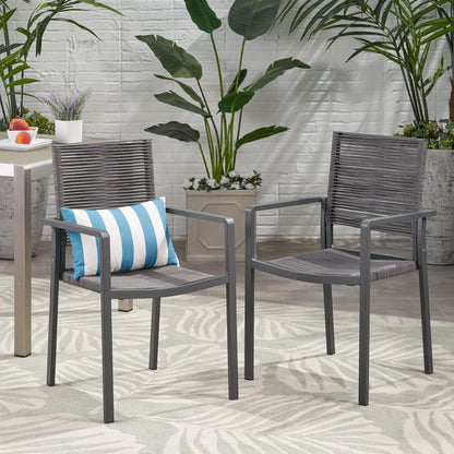 Outdoor Modern Aluminum Rope Seat Dining Chair Set Of 2 For Patio 21.5 Inch Long 21.8 Inch Wide Weather Resistant Dark Gray
