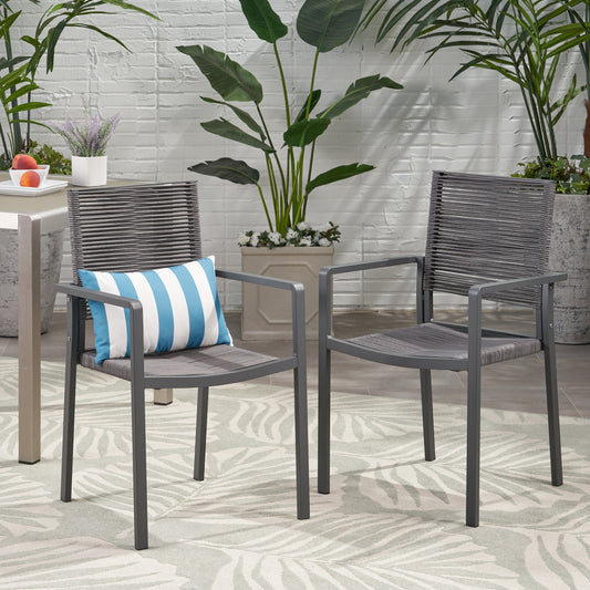 Outdoor Modern Aluminum Rope Seat Dining Chair Set Of 2 For Patio 21.5 Inch Long 21.8 Inch Wide Weather Resistant Dark Gray