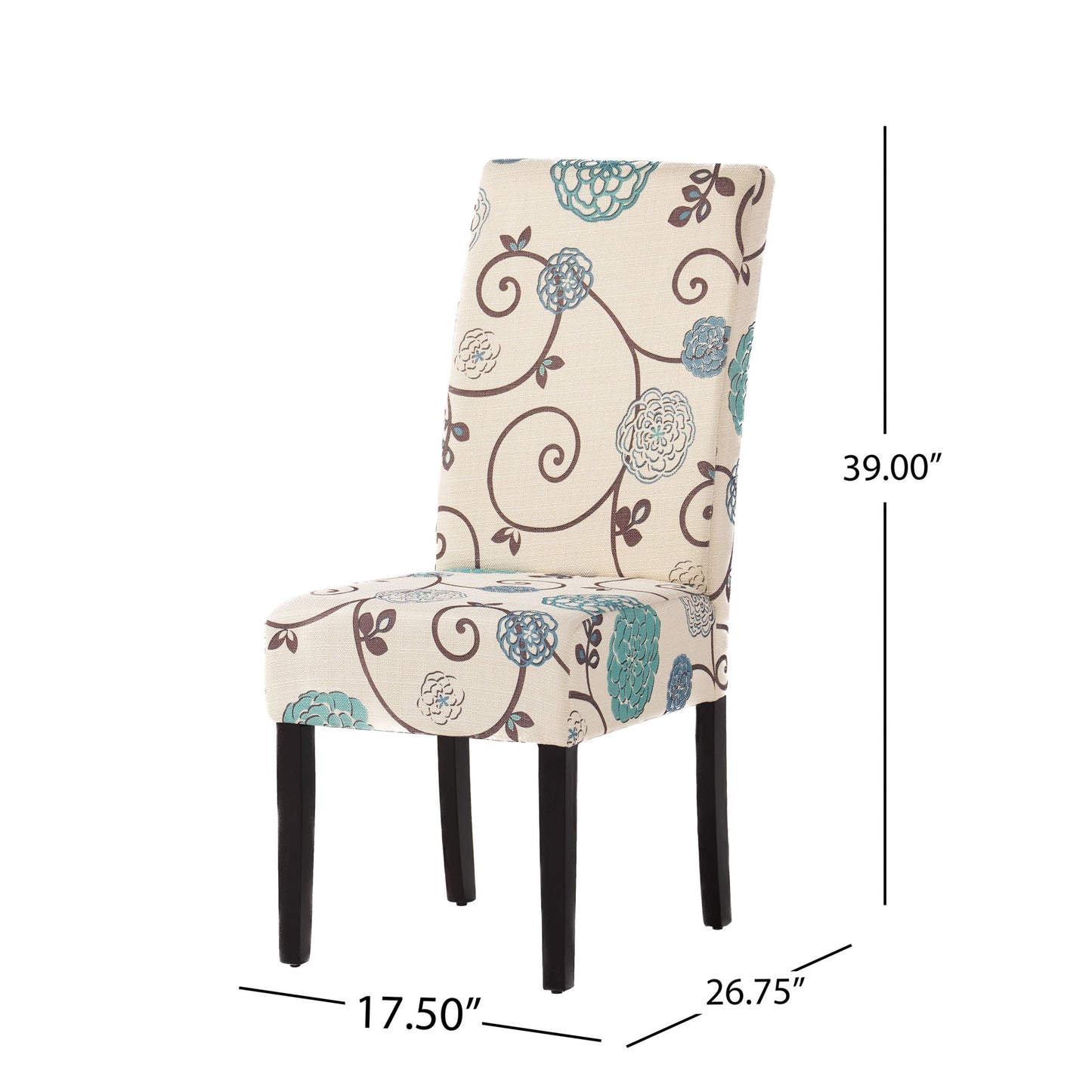 Contemporary Dining Chair Set of 2, 17.5W x 26.5D x 39.5H, Fabric, Rubberwood Legs, White and Blue