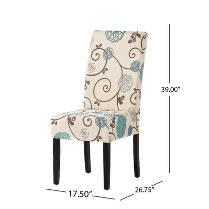 Contemporary Dining Chair Set of 2, 17.5W x 26.5D x 39.5H, Fabric, Rubberwood Legs, White and Blue