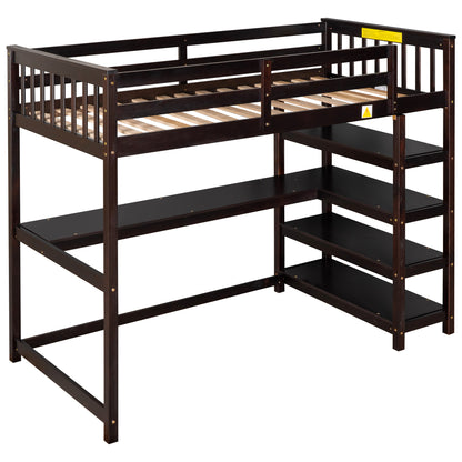 Espresso Twin Loft Bed with Integrated Workspace and Storage Shelves
