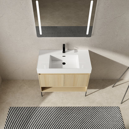 36" Modern Oak Bathroom Vanity Set with Easy-Clean Resin Sink and Multi-Layer Solid Wood Cabinet