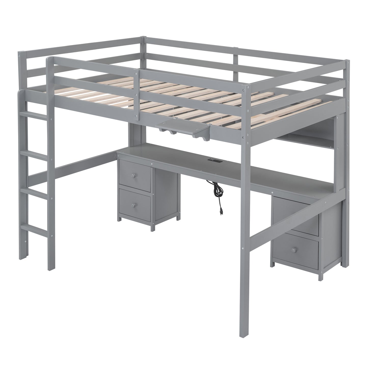 Gray Full Size Loft Bed with Integrated Desk, Storage Solutions, and Charging Station