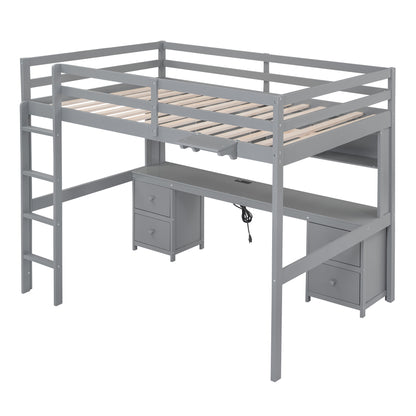 Gray Full Size Loft Bed with Integrated Desk, Storage Solutions, and Charging Station
