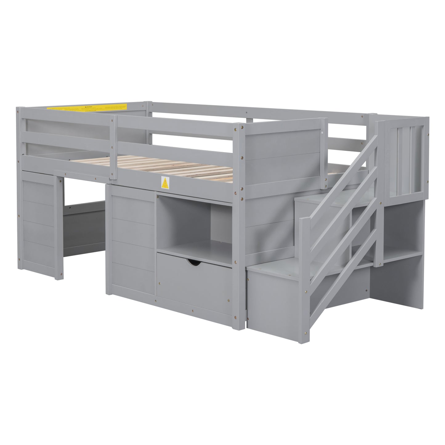Gray Solid Wood Twin Low Loft Bed with Storage Staircase and Shelving Unit