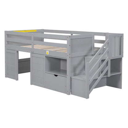 Gray Solid Wood Twin Low Loft Bed with Storage Staircase and Shelving Unit