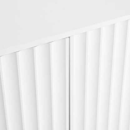 ON-TREND Minimalist Shoe Cabinet with 5 Solid Wood Legs, Cream Style Sideboard Buffet Cabinet with Fluted Doors, Large 4-Door Storage Cabinet with Adjustable Shelves for Living Room, White, 55.1*13.7"