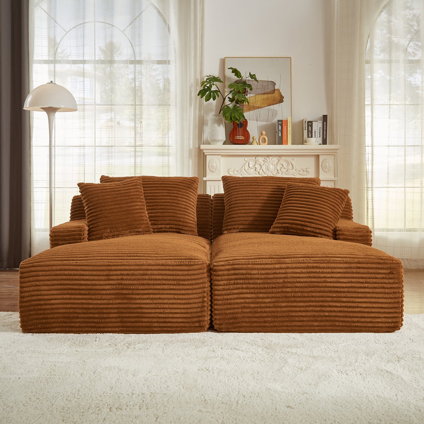 Compressible double chaise sleeper sofa, no assembly, corduroy, ideal for living room/bedroom, Orange