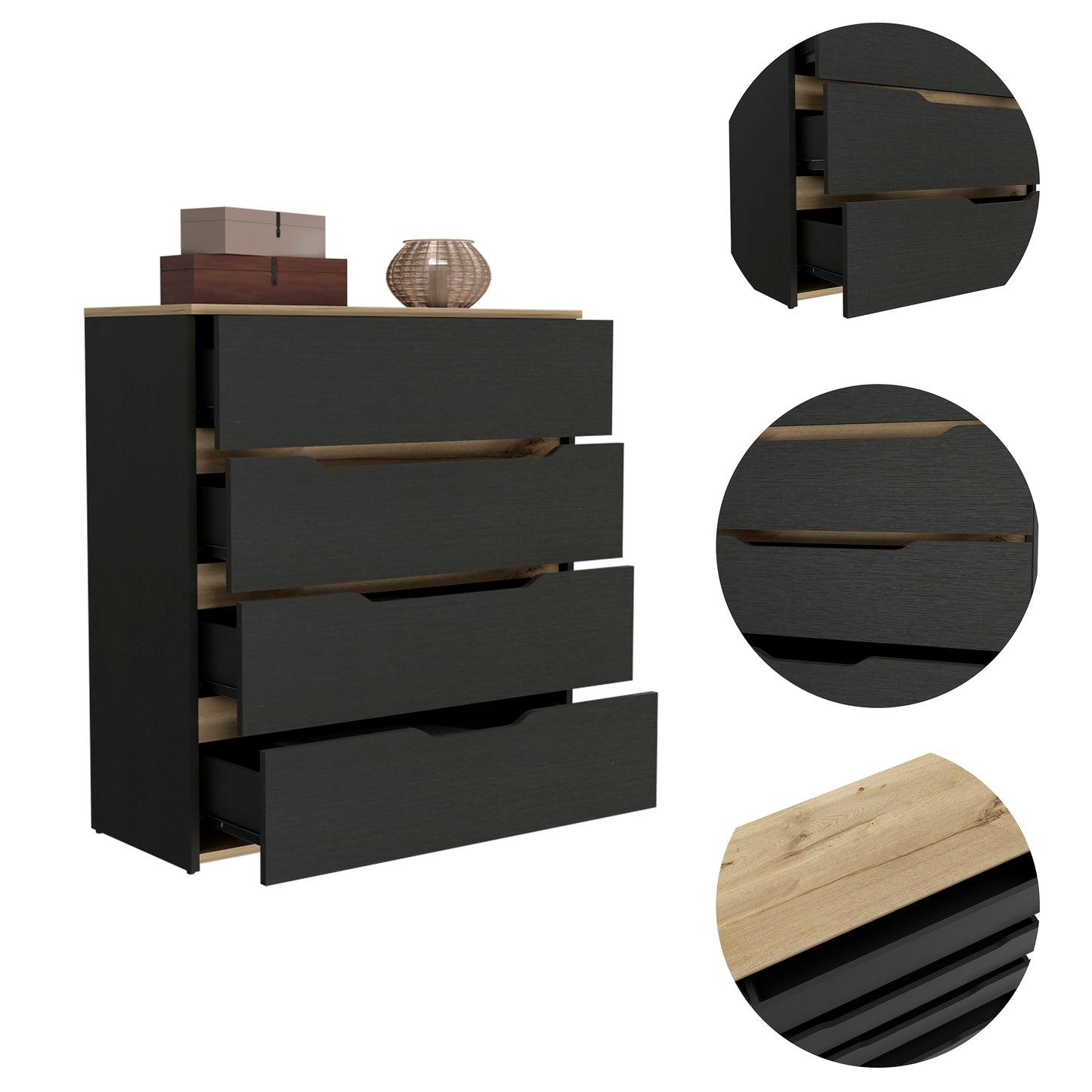 Elegant Black Wengue and Light Oak 4-Drawer Dresser