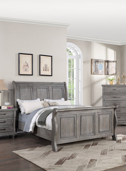 Elegant Antique Gray Oak California King Sleigh Headboard Panel Bed – Stylish Wooden Bedroom Furniture