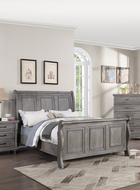 Elegant Antique Gray Oak California King Sleigh Headboard Panel Bed – Stylish Wooden Bedroom Furniture