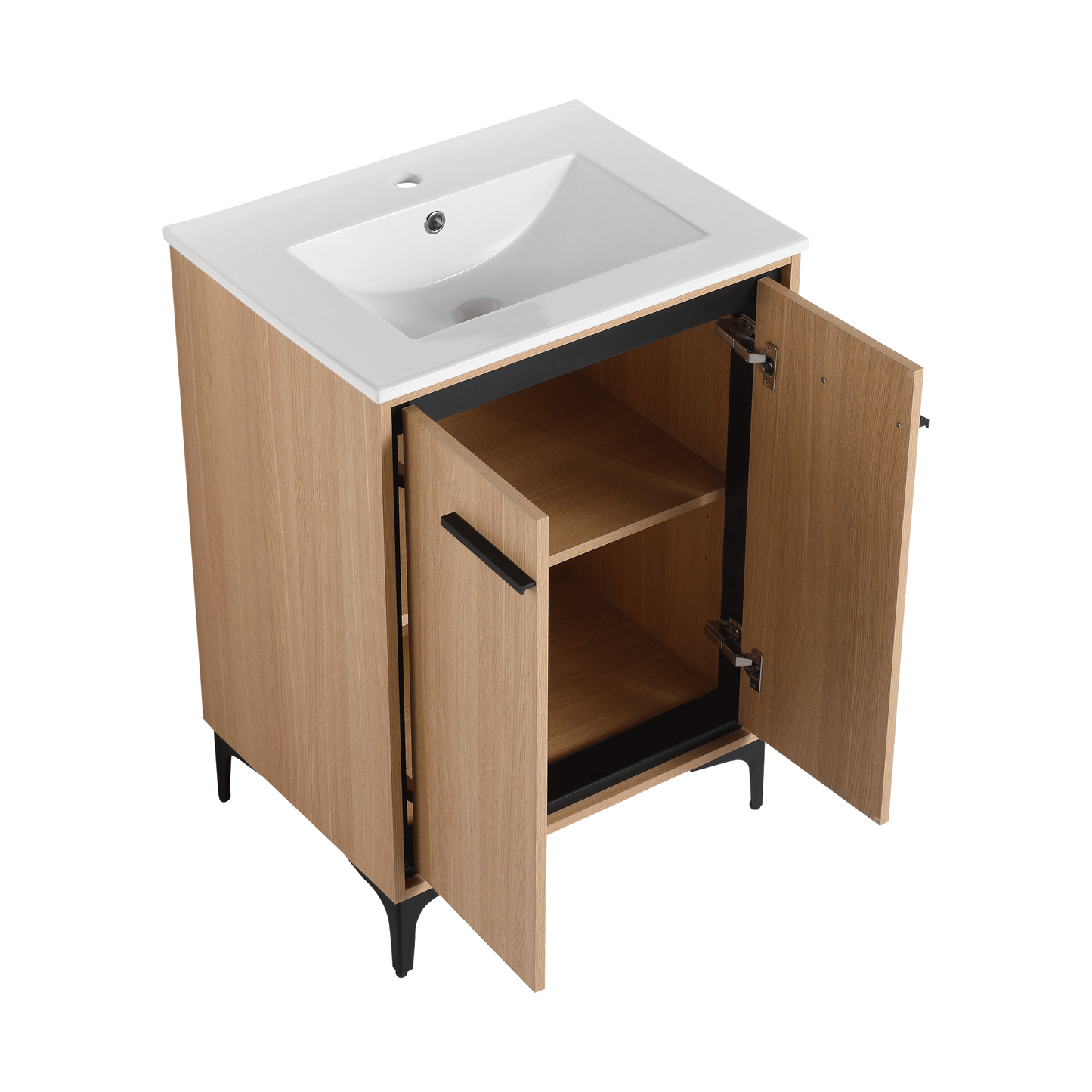 24-Inch Oak Bathroom Vanity with Ceramic Basin and Storage Cabinet