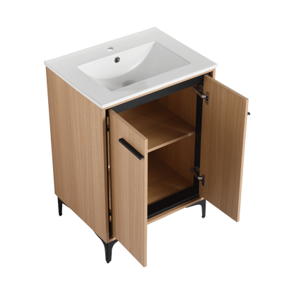 24-Inch Oak Bathroom Vanity with Ceramic Basin and Storage Cabinet