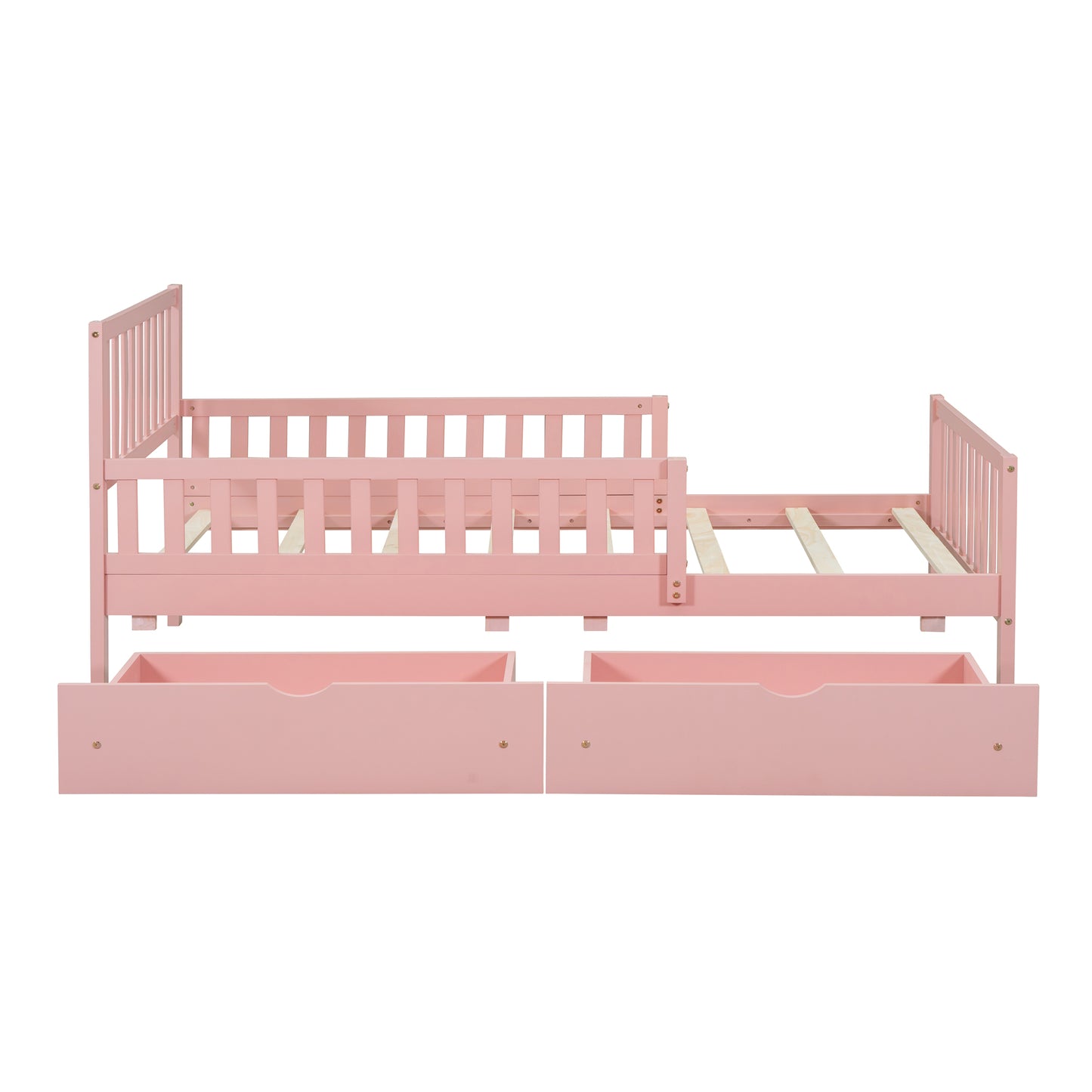 Twin Size Pink Wooden Platform Bed with Safety Guardrails and Dual Storage Drawers