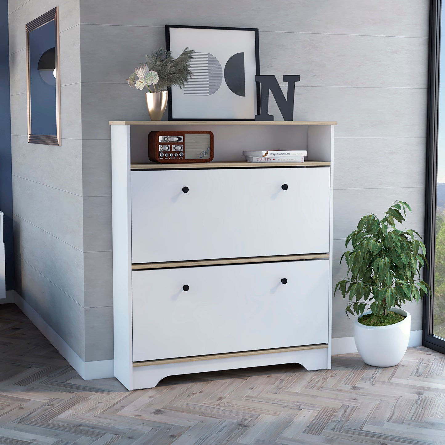 Light Oak and White 2-Tier Shoe Organizer with Two Shelves