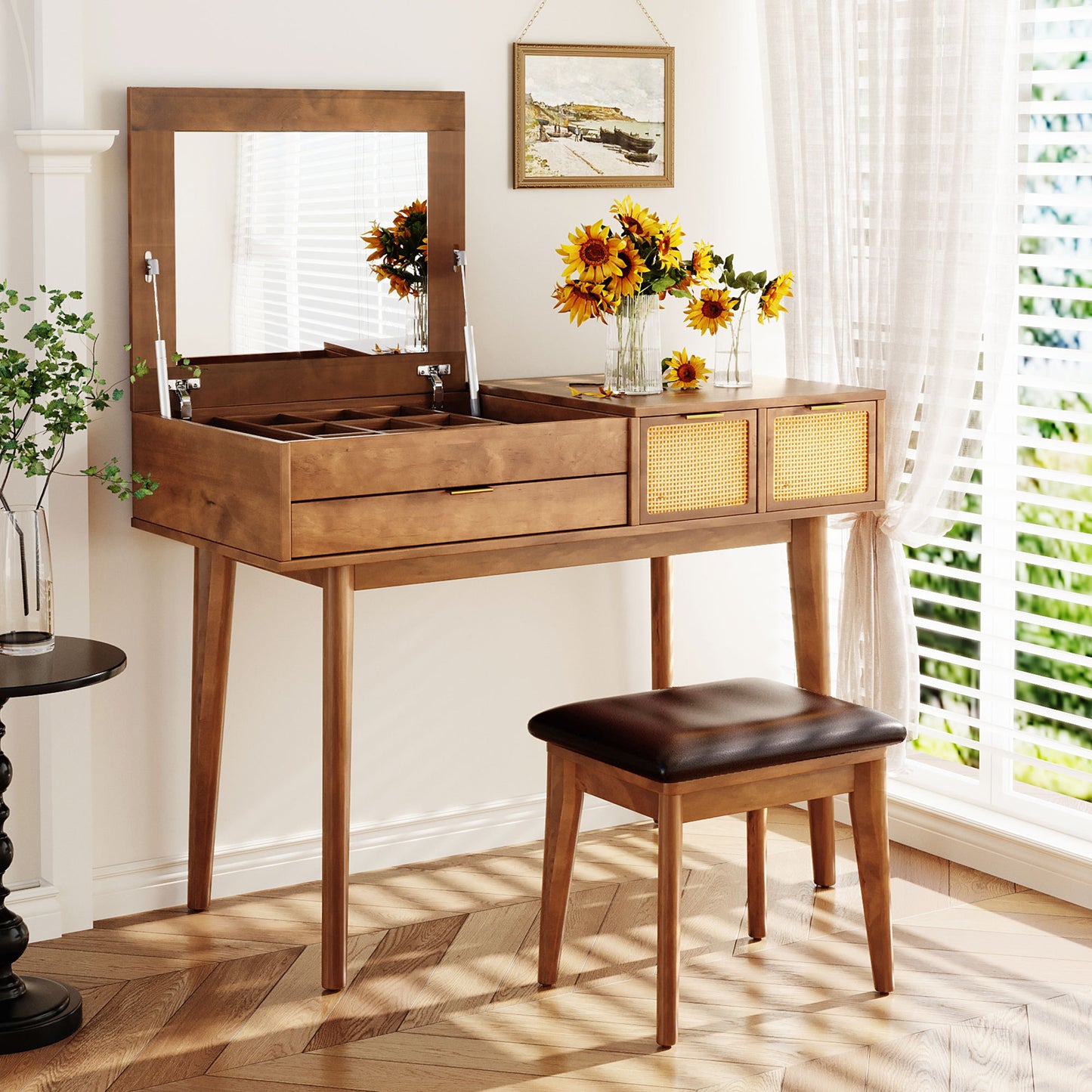 43.3-Inch Classic Wood Vanity Set with Flip-Top Mirror, Stool, 3 Drawers for Dressing Table Bedroom Brown