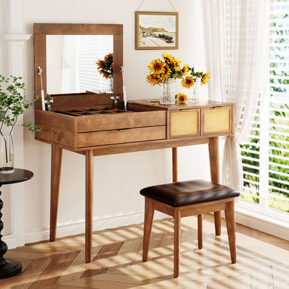 43.3-Inch Classic Wood Vanity Set with Flip-Top Mirror, Stool, 3 Drawers for Dressing Table Bedroom Brown
