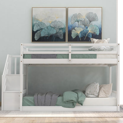 Space-Saving Twin Over Twin Bunk Bed with Storage Ladder in White