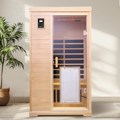 Two-Person Far-Infrared Hemlock Indoor Sauna with 9 Heating Panels, LCD Touch, Bluetooth, 1750W - Natural