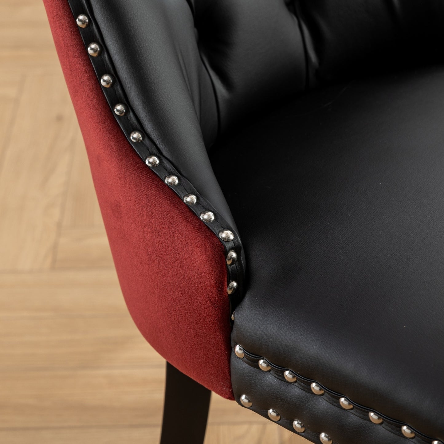 Modern Tufted Solid Wood Dining Chairs, PU & Velvet, Wood Legs, Set of 2, Black + Burgundy