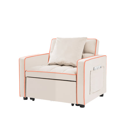 Three-in-One Folding Sofa Bed Chair with Adjustable Back for Living Room, 1-Seat, Creamy White Velvet