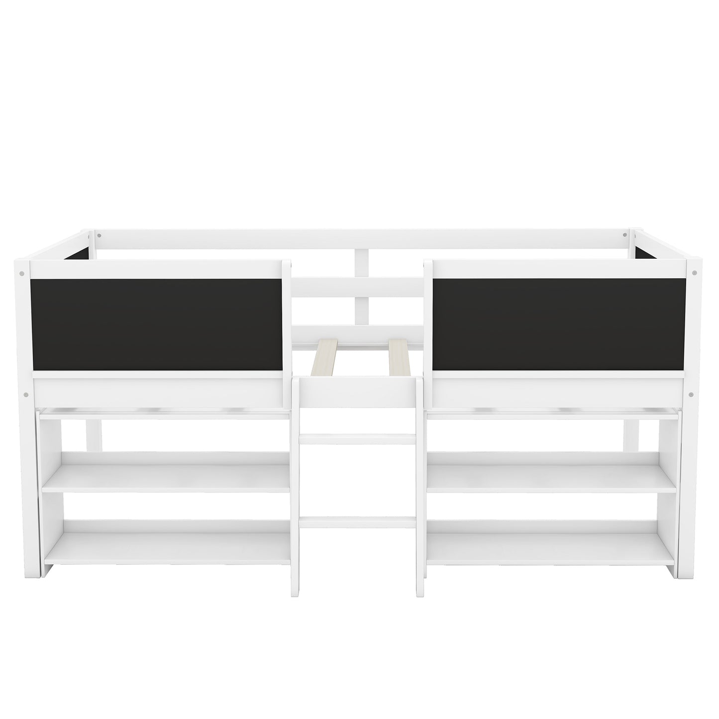 Twin Size Creative Low Loft Bed with Movable Storage Shelves and Chalkboard Guardrail, White