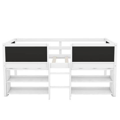 Twin Size Creative Low Loft Bed with Movable Storage Shelves and Chalkboard Guardrail, White