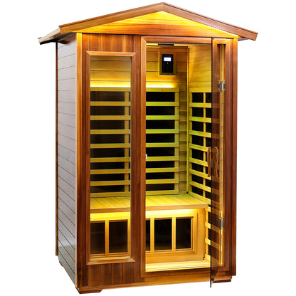 Two-Person Far-Infrared Outdoor Sauna, Solid Wood, Outdoor Spa Cabin, 57.9x40.5x81.1 in, Natural